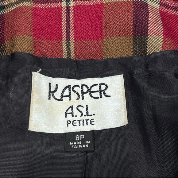 VINTAGE KASPER A.S.L Petite 100% Wool Plaid Velvet Collar Tailor Jacket 8P - Picture 9 of 9